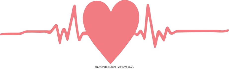 A pink heart with an electrocardiogram line, isolated on a transparent background.