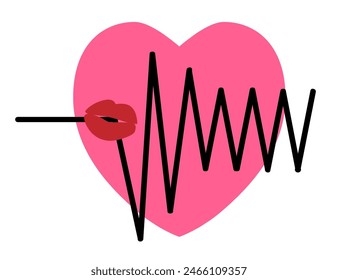 Pink heart with electrocardiogram and red lips, symbolizing love and passion. A stylized pink heart graphic features a black electrocardiogram line intersecting with red lips, representing romance and affection