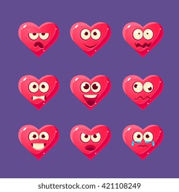 Pink Heart Emoji Character Set Of Flat Bright Color Trendy Cartoon Design Vector Icons Isolated On Violet Background
