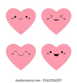 Pink heart emoji icon set. Happy Valentines Day. Hearts with eyes. Cute kawaii cartoon funny character. Smiling happy face head. Love sign symbol. Greeting card. Flat design. White background. Vector