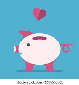 Pink heart falling in piggy bank on blue background. Saving, health, donation, charity and love concept. Flat design. Vector illustration. No gradients, no transparency