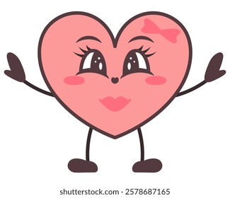 Pink heart female character. Young woman with arms and legs. Smile on face, bow decoration, eyelashes. Color vector illustration. Isolated white background. Cartoon and kawaii style. Joyful emotions. 