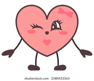 Pink heart female character. Young girl in love symbol shape winks and sends a kiss. Smile on face, bow decoration, eyelashes, air kiss, arms out to the sides. Color vector illustration. Kawaii style.