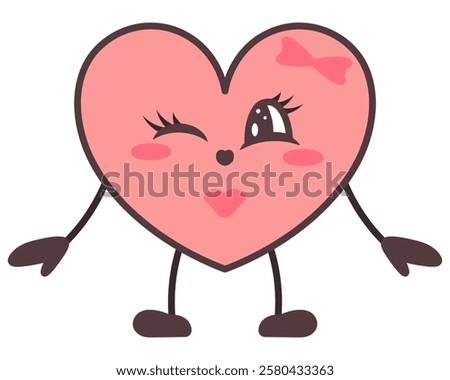 Pink heart female character. Young girl in love symbol shape winks and sends a kiss. Smile on face, bow decoration, eyelashes, air kiss, arms out to the sides. Color vector illustration. Kawaii style.