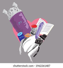 Pink heart filled with Judaica objects of Jews: Torah scroll, prayer book, Kiddush cup, mezuzah, tefillin, kippah, tallit. Vector illustration. Gray background.
