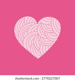 A pink heart filled with a pattern of intersecting lines, reminiscent of a sketch or scribble. Traditionally, the heart symbolizes love, friendship, warm feelings, and affection. Pink is often associated with tenderness, romance, and caring. The design is minimalist or scribble-style, giving it a modern and light look. Vector graphics.
