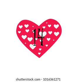 pink heart filled with small white hearts and black number 14