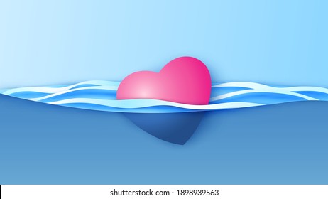 rosafarbenes Herz schwimmt auf der Wasseroberfläche. Alles Gute zum Valentinstag! Papierschnitt und handwerklicher Stil. Vektorgrafik, Illustration.