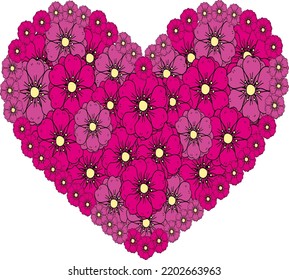 Corazón rosa de elementos florales aislados en un fondo blanco. Ilustración vectorial del corazón hecho de flores. Para tarjetas, invitaciones, guardar las tarjetas de fecha