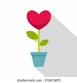 Pink heart flower in a pot icon. Flat illustration of pink heart flower in a pot vector icon for web   on white background