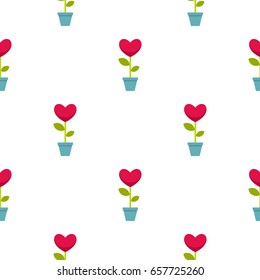 Pink heart flower in a pot pattern seamless background in flat style repeat vector illustration