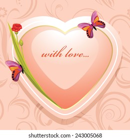 Pink heart with flowers and butterflies on the ornamental background. Vector