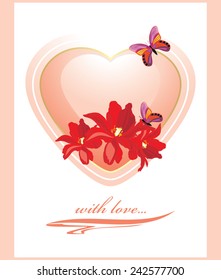 Pink heart with flowers and butterflies. Valentines card. Vector