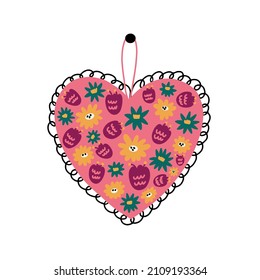 Pink heart with flowers. Romantic vector hand drawn doodle element