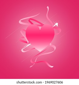 corazón rosa con bandas de gradiente fluyendo con líneas blancas abstractas con espacio negativo. fondo para el romance, amor, sentimientos. bello fondo cardíaco con espacio de copia. corazón rosa con fondo de flecha.