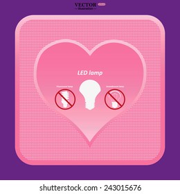 pink heart, fluorescent lamp, LED lamp, incandescent bulb ,vector illustration, EPS 10