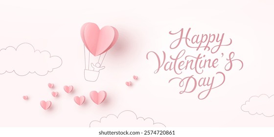 Pink heart flying balloon with man on sky background. Vector love postcard for Happy Valentine's Day greeting card design