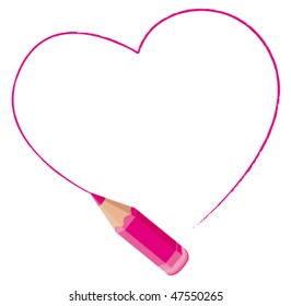 Pink heart freehand drawn by a colored pencil. Vector frame.