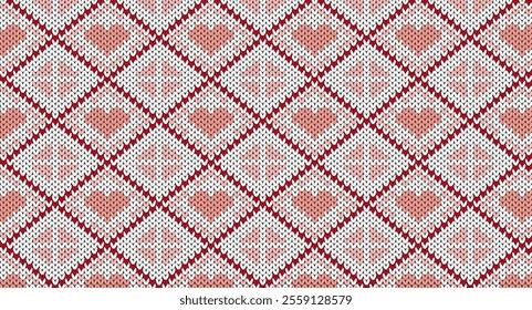 Pink heart and geometric knitted pattern, Festive Sweater Design. Seamless Knitted Pattern