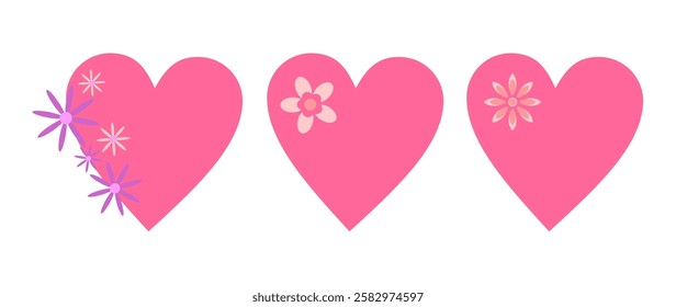 Pink heart with geometric shape flowers set of three