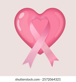 Pink heart with a glossy finish featuring a pink awareness ribbon in the center, symbolizing breast cancer awareness and support.