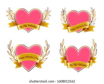 Pink heart with gold ribbon banner and floral branch wreath. Love, valentine's day, wedding symbol. Romantic text for february 14 valentine card. Tattoo design. Vector illustration
