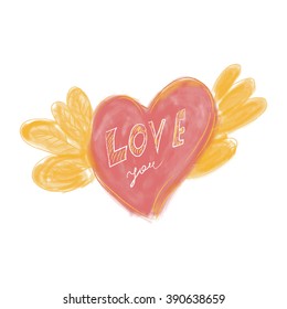 Pink heart with golden wings in hand painted style with caption LOVE you for wedding card, greeting card,  paper design