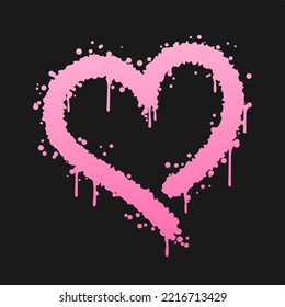 Pink heart graffiti with splashes, paint streaks. Isolated on black background. Vector Holiday illustration for Valentines Day, love party, postcard, banner, cards, web, design, advertising.