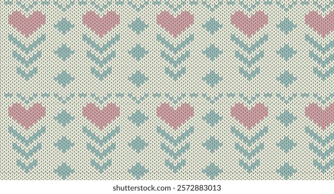 Pink heart and green arrow knitted pattern, Festive Sweater Design. Seamless Knitted Pattern