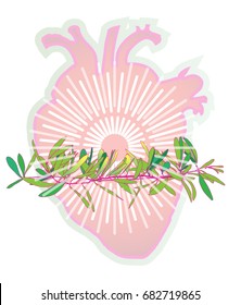 Pink heart with green branch. Decor elements for greeting cards, wedding invitations, birthday and other celebrations.