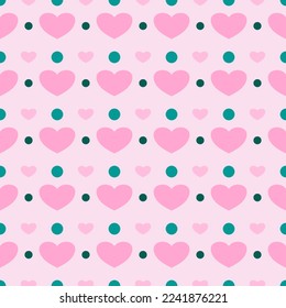 Pink heart green dots pastel pink background vector seamless pattern, element for decorate valentine card, flannel tartan plain fabric textile printing, wallpaper and paper wrapping