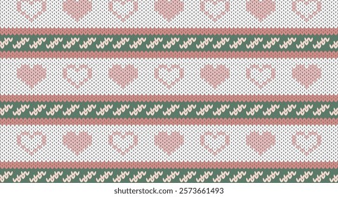 Pink heart and green line knitted design, Festive Sweater Design. Seamless Knitted Pattern