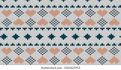 Pink heart and grey square knitted pattern, Festive Sweater Design. Seamless Knitted Pattern