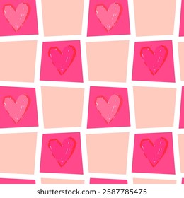 Pink Heart Grid Seamless Pattern, Cute Hand-Drawn Aesthetic