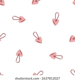 Pink Heart Hair Clip Pattern. Cute pink heart-shaped hair clips scattered on white background. Flat cartoon seamless pattern in pastel colors.
