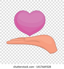 Pink heart in hand icon. Cartoon illustration of pink heart in hand vector icon for web