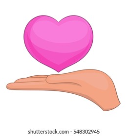 Pink heart in hand icon. Cartoon illustration of pink heart in hand vector icon for web