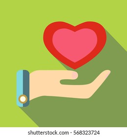 Pink heart in hand icon. Flat illustration of pink heart in hand vector icon for web design