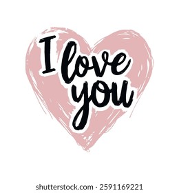 Pink heart with handwritten black I love you text in bold, playful style on a white background. Romantic love concept art. Valentine's day illustration.