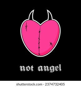 Pink Heart with horns and inscription Not Angel. Gothic aesthetic in y2k, 90s, 00s and 2000s style. Emo Goth tattoo sticker on black background. Vector illustration