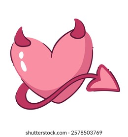 Pink heart with horns and tail vector illustration. Devil heart concept bad love, mascot with demon elements. Anti Valentine's day concept.