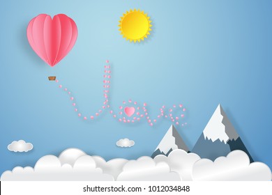 pink heart and hot air balloon, sunny on blue sky background as love, valentine's day, wedding and paper art concept. vector illustration.