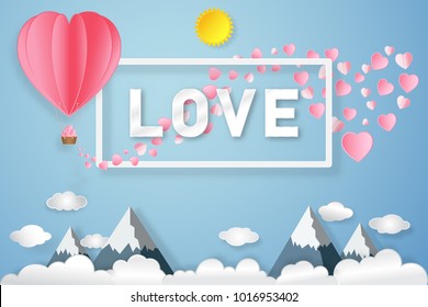 pink heart and hot air balloon, sunny, love text on blue sky background as valentine's day, wedding, paper art craft style concept. vector illustration.