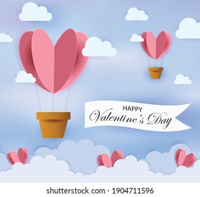 Pink heart hot air balloon flying in the sky. Happy valentines day background with Heart Shaped Balloons vector illustration, banner, wallpaper design.