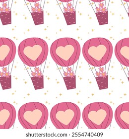 Pink heart hot air balloon pattern with floral accents.