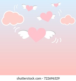 Pink heart icon with angel wings. Vector illustration. Flat design cartoon image on pink blue sky background and space for text. Cute fashion design for postcard, poster, banner, template, web.