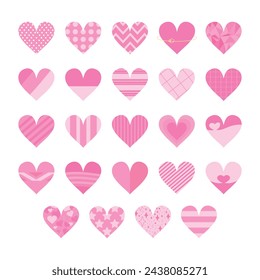 Pink heart icon collection with various patterns. Dots, stripes and various ornaments. Decoration elements for greeting and love cards. Vector illustration