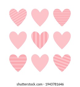 Pink heart icon set. Cute line pattern. Happy Valentines day sign symbol simple template. Love greeting card. Decoration element. Square composition.White background. Isolated. Flat design. Vector