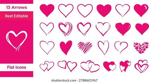 Pink Heart Icon Set with Filled, Outline, Double, Scribble, Mosaic, Brushstroke and Valentine Love Symbols Collection
