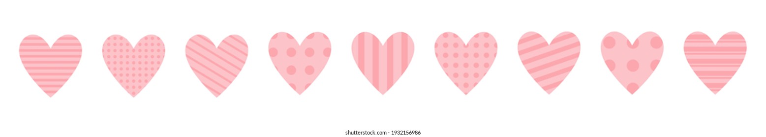 Pink heart icon set. Happy Valentines day. Cute polka dot, line pattern. Love sign symbol simple template. Greeting card. Decoration element. Square composition. Flat design. White background. Vector